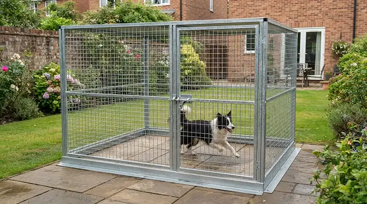 A robust, galvanised steel secure dog run installed in a British back garden, designed specifically to prevent escape artist dogs from digging or climbing out. secure dog run for escape artists