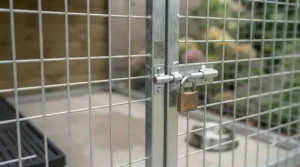 Galvanised steel mesh and secure latches on a cost-effective dog run for breeding kennels under £500.