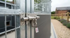 Heavy-duty, padlock-compatible security latches installed on a commercial dog kennel gate for maximum safety.