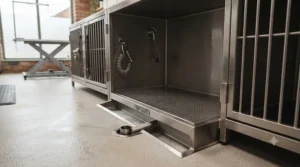 Close-up of heavy-duty secure latches on a professional dog grooming kennel door.