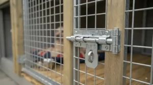 Heavy-duty padlockable bolts and secure galvanised mesh on a double dog kennel door for maximum canine safety.