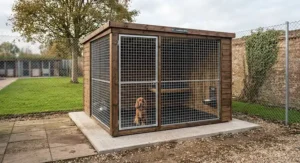 A detailed, photorealistic photograph of a single-bay, robust wooden commercial dog kennel unit with galvanised steel mesh, installed on a concrete base with a gravel surround in a secure breeding facility.