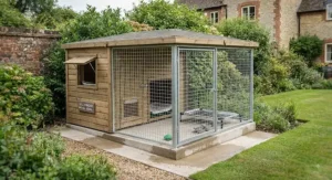 A sturdy wooden single dog kennel and run installed in a residential garden for a small-scale UK breeder.