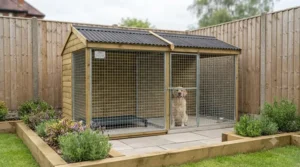 Compact outdoor dog pen setup ideal for back gardens and small-scale UK breeding kennels.