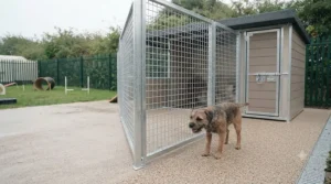 Staff member supervising dogs inside a spacious indoor heavy-duty kennel partition at a professional dog day care.
