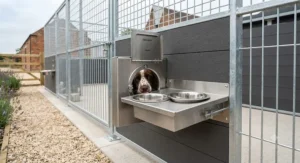 Swivelling double bowl feeding station mounted on a kennel door for safe, hygienic access without entering the run.