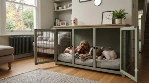 Three happy dogs resting comfortably side-by-side in a budget-friendly triple dog kennel.