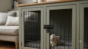 Top surface of a wooden triple dog kennel being used as a TV stand in a modern home.