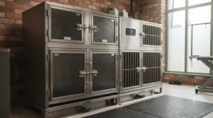 Well-ventilated dog holding kennels installed in a commercial grooming parlour.