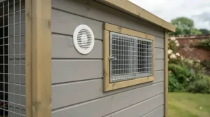 Secure slatted ventilation windows on the side panel of a breeding kennel to ensure optimal airflow.