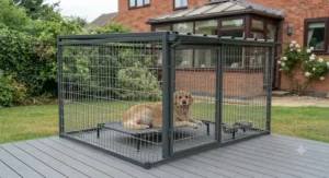 A wide-angle exterior view of the fully assembled covered dog run positioned securely in a typical British rear garden during overcast daylight conditions.