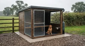 A robust, weatherproof commercial kennel unit with a solid felt roof and guttering, shown beading off rainwater during a light drizzle in a grassy paddock, demonstrating its durability against typical British weather.