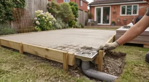 Covered outdoor dog run with a waterproof roof protecting the concrete floor from the elements.