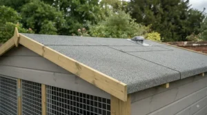 Heavy-duty felted apex roof on a weather-resistant double dog kennel, built to withstand typical British weather conditions.