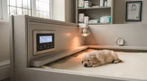 Safe heating and temperature control system inside a British-made whelping kennel to keep newborn puppies warm.
