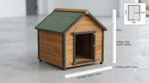 Technical drawing showing floor space and internal layout measurements for an apex roof dog kennel.
