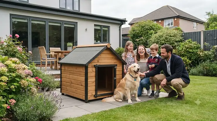 A heavy-duty wooden apex roof dog kennel installed in a British back garden, offering weather-resistant outdoor shelter for dogs. apex roof dog kennel