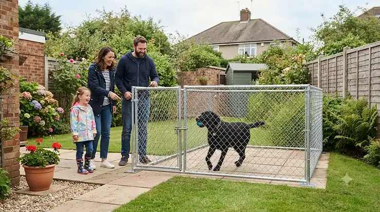 A secure chain link dog run installed on a level lawn in a British back garden, providing a safe outdoor space for a dog. chain link dog run