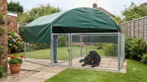 Chain link dog run fitted with a waterproof canopy roof cover to shelter pets from rain and strong sun.