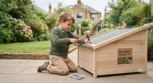 A sturdy cheap wooden dog kennel set up in a British back garden, providing a comfortable outdoor shelter for a pet.