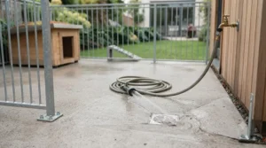 Hose-down cleaning setup with a drain trap on an outdoor concrete floor dog run for optimal hygiene