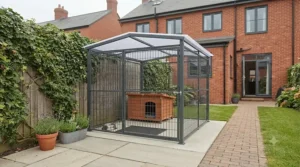 A compact covered dog run neatly fitted into a small urban back garden patio space.
