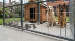 Outdoor dog enclosure installed on a secure, easy-to-clean concrete base for hygiene.