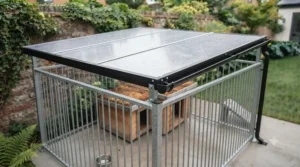 Weatherproof roof shelter built over a concrete floor dog run to keep pets dry all year round