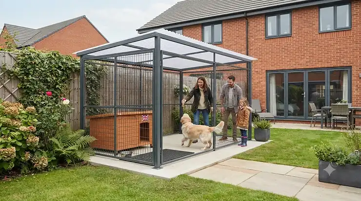 A secure metal covered dog run set up on a lawn in a British back garden, providing weatherproof outdoor shelter for a pet. covered dog run