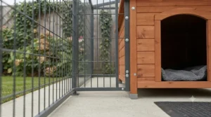 An outdoor covered dog run connected to a raised wooden kennel for overnight shelter.