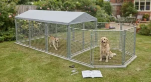 Diagram illustrating various layout configurations possible with flexible modular dog run kits.
