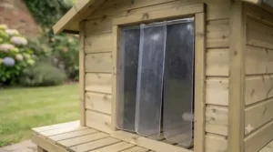 Offset doorway with a protective plastic flap on a wooden dog kennel to keep out winter draughts.