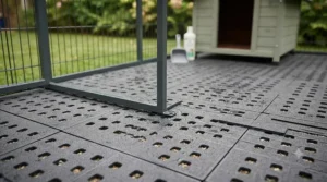 Clean paving slab flooring inside a secure garden dog enclosure for easy cleaning and drainage.