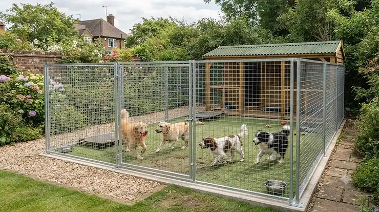 Secure outdoor dog run for multiple dogs installed in a British garden, providing plenty of space for large breeds to play safely. dog run for multiple dogs