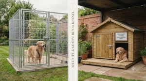 Comparison of security features between a robust garden dog run and a traditional secure kennel.