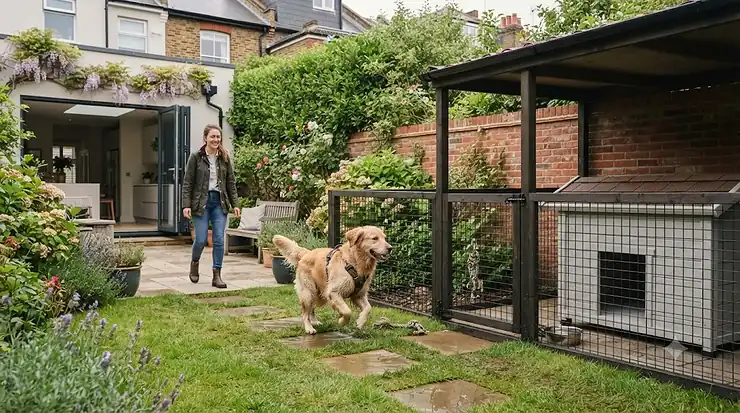 A secure outdoor dog run and indoor kennel in a British garden, comparing the best options for pet housing. dog run vs kennel which is better