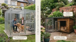 Dog socialising and watching family activities from an open backyard dog run.