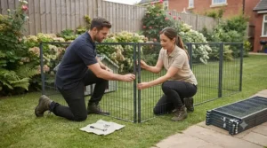 Step-by-step assembly of modular metal panels for a DIY secure dog run in the garden.