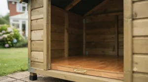 Interior view of a wooden dog kennel showing a removable floor panel for easy cleaning and hygiene maintenance.