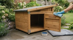 Removable floor and hinged roof design of a pent roof wooden kennel for hassle-free seasonal cleaning.