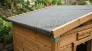 Detailed angle of the mineral felt sloped roof on a wooden kennel, ensuring efficient rainwater runoff.