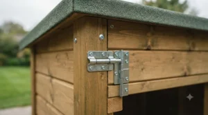 Sloped mineral felt roof on a heavy duty wooden dog kennel designed to withstand heavy British rain and winter weather.