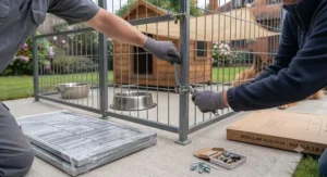 Modular metal panels being assembled to build a heavy-duty outdoor dog enclosure.