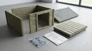 Flat-pack wooden dog kennel components showing stainless steel fixings and interlocking wall panels.