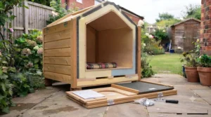 Unassembled timber panels and fixings laid out for building a flat-pack wooden dog kennel for large dogs.