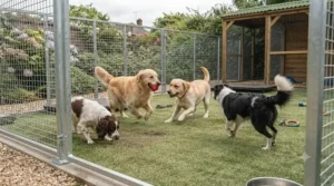 Several happy dogs playing together inside a secure, spacious outdoor enclosure in a residential garden.
