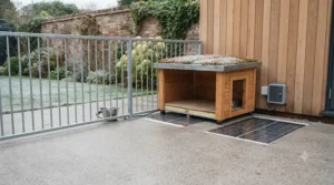 Insulated kennel area connected to a smooth concrete floor dog run for year-round pet comfort