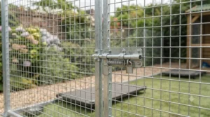 Heavy-duty wire mesh fencing on a secure dog run designed to keep multiple active dogs safe and contained.