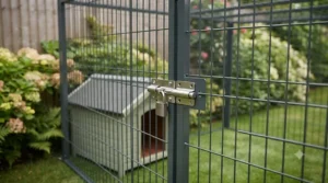 Close-up of a secure, heavy-duty latch and lock on a garden dog enclosure gate to prevent escapes.