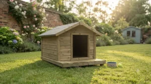 Heavy-duty wooden dog kennel with a raised floor standing firmly on an English country garden lawn.